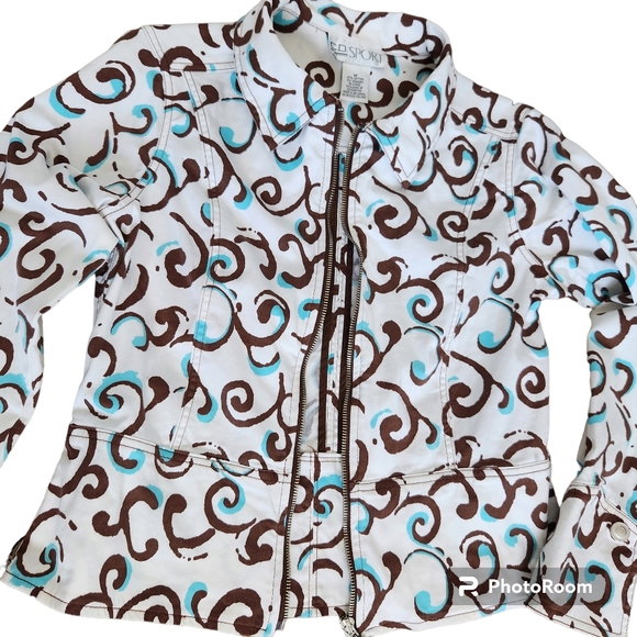 C.D.Sport Y2K Vibe Ivory, Chocolate & Turquoise Cropped Tailored Print Jacket M - Picture 10 of 11